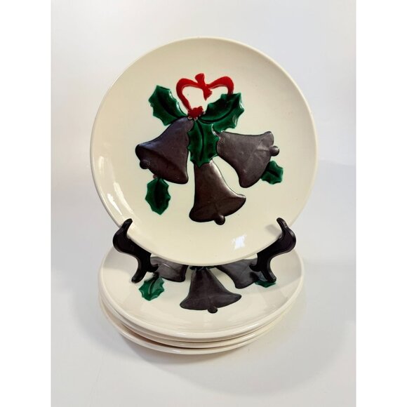 Ceramic Dinner Plates Vintage Handmade Hand-painted 3D Christmas Bells Holly Mal - Picture 3 of 11